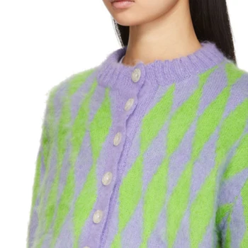 Žalia ir Violetinė Argyle Mimi Megztinis ilgomis Rankovėmis Mygtuką Cardigan Megztinis Moheros Megzti Viršų Ponios Komplektai