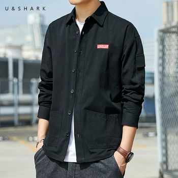 U&SHARK ilgomis Rankovėmis Atsitiktinis Black Marškinėliai Vyrams Medvilnės Gatvės Stiliaus Vyrų Vintage Marškinėliai Plius Dydis korėjos Drabužių Streetwear