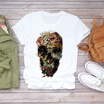 Moterų 2020 m. Kaukolę Gėlių 90s Gėlių Gotikos Harajuku Spausdinti Lady T-shirts Top Moteriški Marškinėliai Ponios Grafinis Moterų Tee Marškinėliai