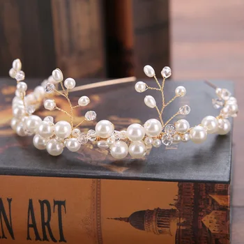 Baroko aukso perlas gėlių nuotakos hairband rankų darbo tiara lankelis kristalų diadem hairband karūna vestuvių plaukų aksesuarai, Papuošalai