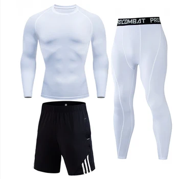 Balta Fitneso Mokymo Tiktų Vyrų Suspaudimo Triko Bazės sluoksnis Pants Šortai 1-3 dalių Kostiumą Veikia odos Bėgiojimas kostiumas S-4XL