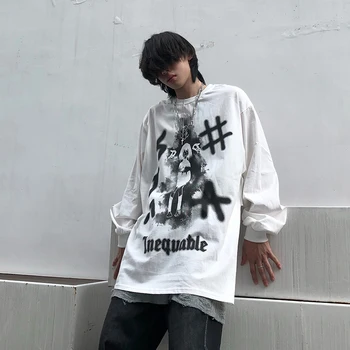 UNCLEDONJM Grafiti Animacinių filmų ilgomis Rankovėmis T-shirt High Street Vyrų harajuku Japonijos anime Stiliaus drabužius animacinių filmų tshirts MC-6035