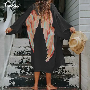 Bohemain Kimono Megztinis Moterų Vasarą Vėl Sparnus Spausdinti Palaidinė 2021 Celmia Mados Paplūdimio Cover Up Marškinėliai Moteriška Ilgai Blusas Viršūnės