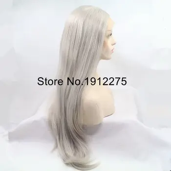 Sylvia Pelenų Platinum Blonde Natūralūs Tiesiai Sintetinių Nėriniai Priekiniai Perukai Vidurį Ilgas Karščiui Atsparus Pluoštas Plaukų Pusė Ranka Sąlygotosios