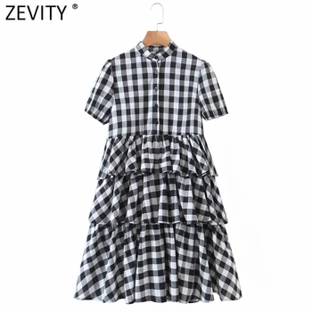 Zevity 2021 Naujas Moterų Mados Stovėti Apykaklės Pledas Spausdinti Domino Pynimas Tortas Suknelė Moteriška Elegancija Sluoksniuotos Rankovėmis Atsitiktinis Vestido DS5050