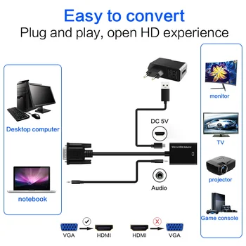 HD 1080P AV Kabelis VGA Į HDMI Adapteris VGA2HDMI MINI Keitiklis su 3.5 mm Audio HDTV PC DVD, STB XBOX Kompiuterį, Projektorių