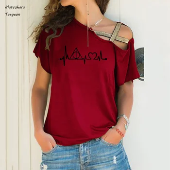 Mados vasaros marškinėliai moterims Mirties Relikvijos širdies Plakimas spausdinti marškinėlius Nereguliarus Nerijos Kryžiaus Tvarstis plius dydis tee viršūnės