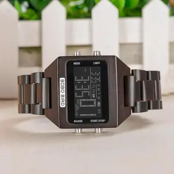 BOBO PAUKŠČIŲ 4 Spalvų Ekranas LED Skaitmeniniai Laikrodžiai Vyrams Daugiafunkcį Savaitę Sustoti Žiūrėti Medienos Laikrodis Medinėje Dovanų Dėžutėje OEM Lašas Laivybos