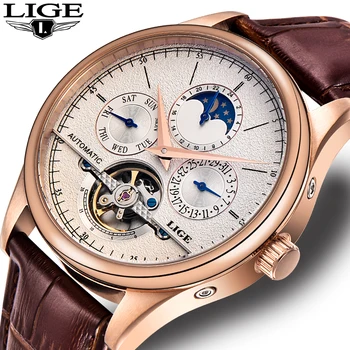 LIGE Prekės Vyrų Laikrodžiai Automatinis Mechaninis laikrodis Tourbillon Sporto Laikrodis, Odiniai Laisvalaikio Verslo Retro Laikrodis Relojes Hombre