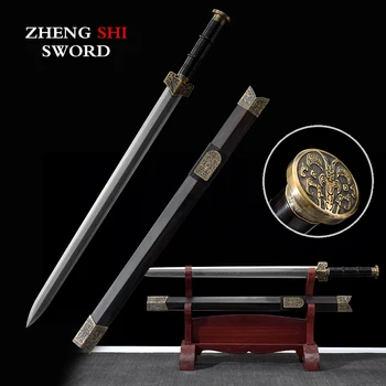 Tradicinis kinų kardu karalius iš Qin Sulankstyti plieno ašmenys Juoda juodmedžio medienos ryškumą už cutiing