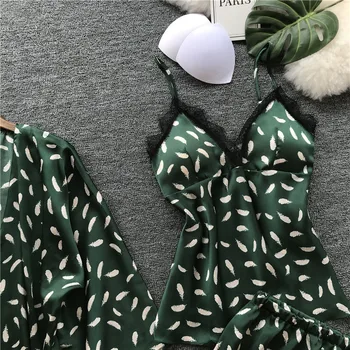 Moterų Pižama Rinkiniai Vasaros Satino Sleepwear Moterų Atsitiktinis Pyjama Femme 3 Gabalus Miego Lounge Moterų Namų Drabužius su Krūtinės Mygtukai