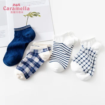 Caramella 4Pairs/Daug 2019 Karšto Pardavimo Vasaros Atsitiktinis Moterų Kojinės Naujas Kulkšnies Kojinės Mados Dizaino Pledas, Tamsiai Mėlynos Medvilnės Tinklelio Kojinės