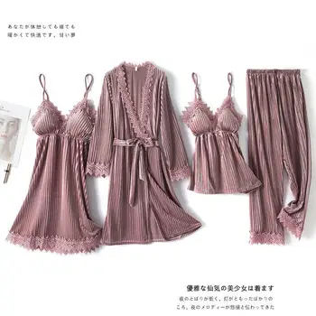 Sleepwear Rudens Žiemos Aksomo 4PCS Pižama Nustatyti Moterų Chalatas Kimono Suknelė Atsitiktinis Palaidų Homewear Sexy Nėrinių Apdaila naktiniai drabužiai