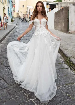 Nėriniai Dubajus Vestuvių Suknelės nuo shoulde-line 3D Nėrinių Appliques Boho Nuotakos Suknelę, Dramblio kaulo Vestuvinių Suknelių Plius Dydis