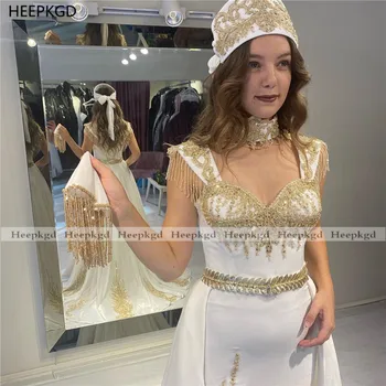 Balta Arabų Vakaro Suknelė Undinė Nuimamas Traukinys Seniai Oficialus Suknelės Aukso Nėrinių Kutas Dubajus Prom Šalis, Chalatai Ritininės