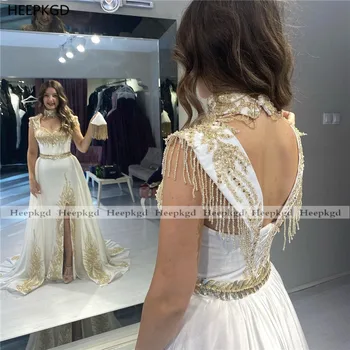 Balta Arabų Vakaro Suknelė Undinė Nuimamas Traukinys Seniai Oficialus Suknelės Aukso Nėrinių Kutas Dubajus Prom Šalis, Chalatai Ritininės
