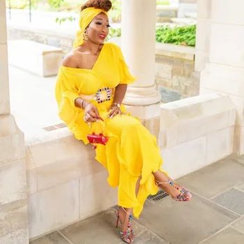Afrikos Maxi Suknelės Moterims 2020 Naujų Rudens Vasaros Elegent Stiliaus Afrikos Moterų V-kaklo Plius Dydis Ilga Suknelė Ir Skarelė