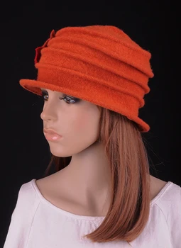 M548 Oranžinės spalvos Elegantiškas Vilnos, Akrilo Mielas 2-Tonas Gėlių Raukšlių Moterų Žiemos Skrybėlę Kepuraitė Cloche Bžūp