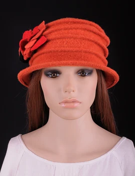 M548 Oranžinės spalvos Elegantiškas Vilnos, Akrilo Mielas 2-Tonas Gėlių Raukšlių Moterų Žiemos Skrybėlę Kepuraitė Cloche Bžūp