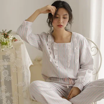 Pavasarį, Rudenį Dryžuotas Medvilnės Moterų Pižama Rinkiniai Saldus Moterų ilgomis Rankovėmis Pižamos Prarasti Sleepwear Tinka Namų Drabužiai