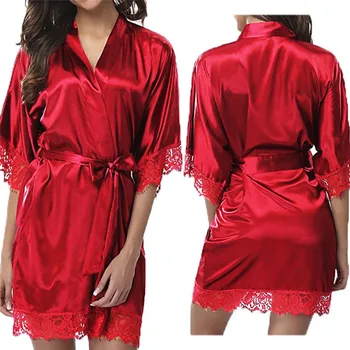 Moterys Trumpas Satino Nuotakos Apdaras Seksualus Sleepwear Nėrinių Suknelė Iš Šilko Kimono Chalatas Vasaros Bridesmaid, Naktiniai Drabužiai