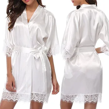 Moterys Trumpas Satino Nuotakos Apdaras Seksualus Sleepwear Nėrinių Suknelė Iš Šilko Kimono Chalatas Vasaros Bridesmaid, Naktiniai Drabužiai
