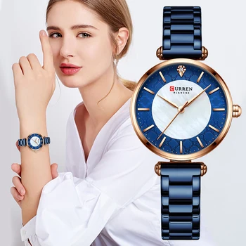 CURREN Laikrodžiai Moterims, Viršuje Prabangos Prekės ženklo Mėlynas Plonas Kvarcinis Laikrodis su Nerūdijančio Plieno Juosta Paprasta Mergina Laikrodis