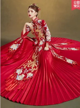 Kinų Tradicinė Vestuvių Kostiumas Vyrams, Moterims, Ilgai Cheongsam Suknelė Stilingas, Elegantiškas Bride 