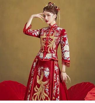 Kinų Tradicinė Vestuvių Kostiumas Vyrams, Moterims, Ilgai Cheongsam Suknelė Stilingas, Elegantiškas Bride 