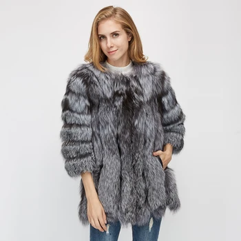 Maylofuer Originali Gamtos Silver Fox Fur Coat Aukštos Kokybės Moterų Žiemos Šiltos tikro Kailio Švarkai O-kaklo Paltai Juostos Modelis