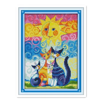 Saulė pagal kačių animacinių filmų, kryželiu, žavinga gyvūnų, Xiao Mao dekoratyvinis ranka siuvinėtų žemėlapyje