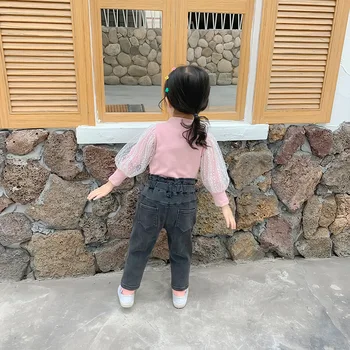2019 m. Rudenį Naujų Atvykimo korėjos stiliaus medvilnės gryna spalva atsitiktinis visas rungtynes, mados aukštos juosmens Džinsai ilgas kelnes mielas kūdikis mergaitės