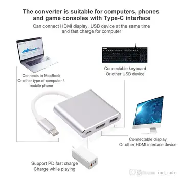 3 1 Tipo C Smart Adapteris, HDMI suderinamus/4K+PD Greitai Įkrauti+USB 3.0 USB Šakotuvą, Adapteris, Splitter PC HDTV Pelės, Klaviatūros