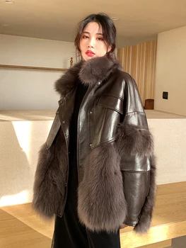 UMI MAO 2020 m. Žiemos Naujas Fox Nekilnojamojo Audinės Kailiniai Paltai Moterų Susiuvimo Avių Odos Retro Stiliaus Jaunųjų Vidurio-ilgis Striukė Femme