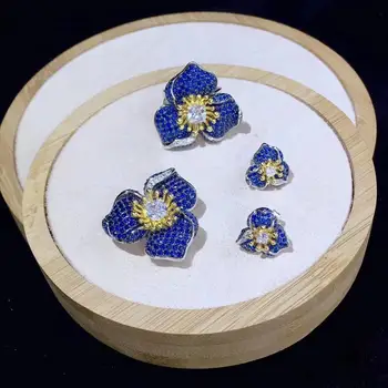 Mėlynos spalvos gėlių papuošalų rinkinys pakabukas, žiedas ir auskarai 925 sterlingas sidabro su kubinis cirkonis bauda moterų papuošalai nemokamas pristatymas