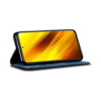 Už Xiaomi MI Poco X3 NFC Piniginės Atveju Magnetinis Knygų Flip Dangtelis Pocophone X3 Džinsinio audinio Odos Telefonas Krepšiai Atramą Kortelės Turėtojas