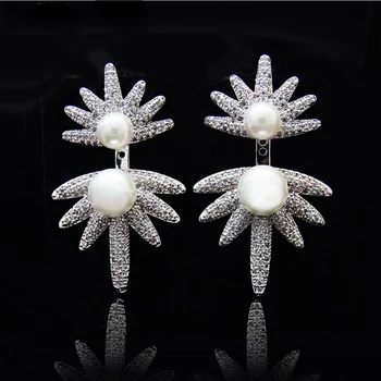 AAA Kokybės mados Micro Mozaikos CZ Kristalų ir Perlų Double Side Sun Flower Sidabro Auskarai Smeigės Smaigalys Papuošalai Moterims