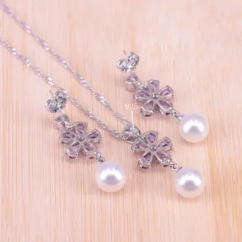 Skatinimo auskarai, karoliai nustatytas gėlavandenių perlų, sidabro spalvų papuošalai rinkinys moterims balta kubinis cirkonis gėlių papuošalai
