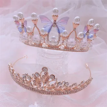 Europos Retro Stiliaus Perlas Drugelis Kalnų Krištolas Plaukų Karūna Lolita Cosplay Plaukų Aksesuarai Sweet Princess Crown Šukuosena