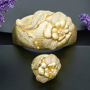 ModemAngel Mados Dizaino Gėlių Formos Papuošalai, Aksesuarai Bangle Ir žiedų Rinkinys Moterims 3 Tonų Aukštos Kokybės Dovanų