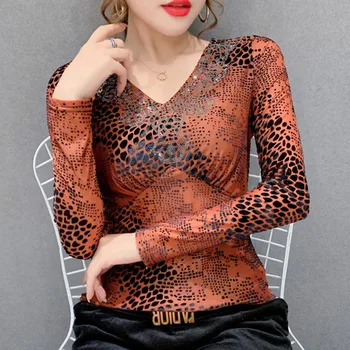Rudenį, Žiemą Europos Drabužius T-shirt Pulko Spausdinimo Seksualus Spindintys Deimantai Moterų Viršūnių Ropa Mujer ilgomis Rankovėmis Tees 2020 Naujas T00502A