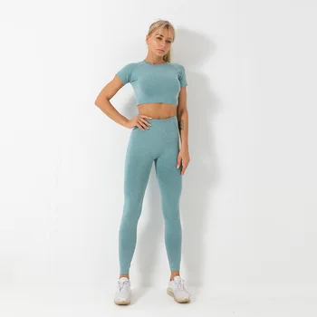 2020 sportiniai Kostiumai Mėlyna Sportwear Drabužius Trumpi marškinėliai+Legging Kelnes Trouers Dviejų dalių Komplektas Joga Moterims Vasaros SPORTO Drabužiai Bėgiojimas