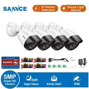 SANNCE 4pcs CCTV Saugumo Kameros 5MP Super HD Vaizdo Stebėjimo ir SPINDULIŲ Naktinio Matymo AI Žmogaus Aptikimo IP66 atsparus Vandeniui vaizdo Kamera Rinkinys