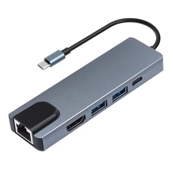 5 in 1 USB 3.1 Tipas-C HUB Konverteris Splitter 4K HDMI 2 USB3.0 PD Įkrovimo RJ45 Adapteris, skirtas 