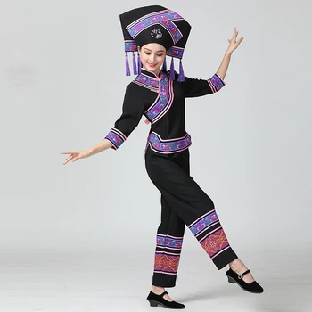 HuNan tujia miao Apranga Hat + Striukė + Kelnės Guangsi zhuang Drabužis mažumų šokių suknelė Lady Enthnic Atostogų šalis kostiumas