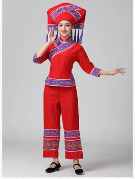 HuNan tujia miao Apranga Hat + Striukė + Kelnės Guangsi zhuang Drabužis mažumų šokių suknelė Lady Enthnic Atostogų šalis kostiumas