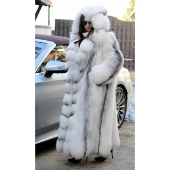 FURSARCAR Prabanga Gamtos Nekilnojamojo Kryžiaus Fox Fur Moterų Paltai Su Kailio Gaubtas 130CM Ilgos Žiemos Originali Visą Pliaupti Lapės Kailio Striukė Moteriška