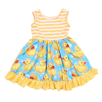 Animacinių filmų Geltona Antis spausdinti vaikiška suknelė kūdikių mergaičių dryžuotas vasaros šalis gimtadienio suknelė Vaikai frock dizaino vasaros drabužių
