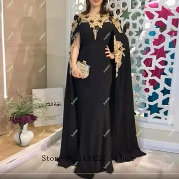 Juoda Satino Maroko Kaftan Vakaro Suknelės 3D FlowersLace Appliques Moterų arabų Musulmonų ypatinga Proga Oficialus Šalis