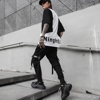 2019 m. Pavasarį Hip-Hop Poilsiu Vyrų Juodos Haremo Kelnės Multi-pocket Juostelės Vyras Sweatpants Streetwear Laisvalaikio Vyriškos Kelnės M-2XL Kelnių